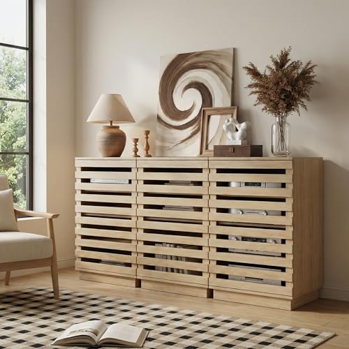 holzart Modern Slatted Wood Audio Component Cabinet, 4-Tier Stereo Equipment Rack Media Stand with Ventilated Door & Cable Management, Oak Finish 35.4" Tall