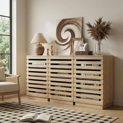 holzart Modern Slatted Wood Audio Component Cabinet, 4-Tier Stereo Equipment Rack Media Stand with Ventilated Door & Cable Management, Oak Finish 35.4" Tall
