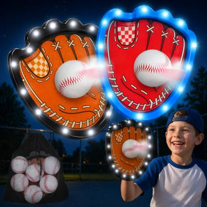 HYES Toss and Catch Ball Game Set, Light Up Baseball Toys Outdoor Pool Beach Yard Camping Games for Family, Toddler Glow in the Dark Baseball Gifts for Boys Girls Ages 3-12 (4 Paddles & 6 Balls) - style: 4 pack with light