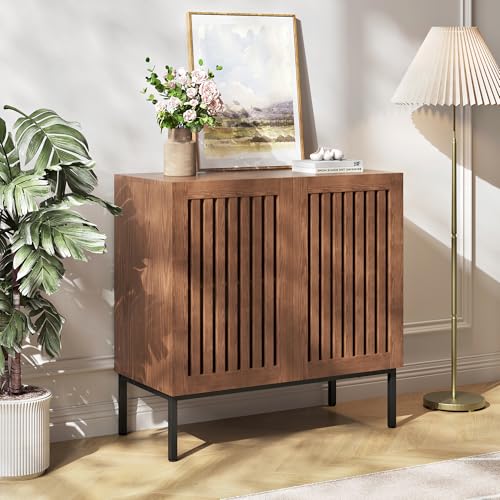 BVIUNTWO Modern Storage Cabinet with Slatted Doors,Sideboard Buffet Cabinet with Adjustable Shelf and Metal Legs for Kitchen,Dining Room,Living Room,32 Inch,Brown - size: 32 Inch