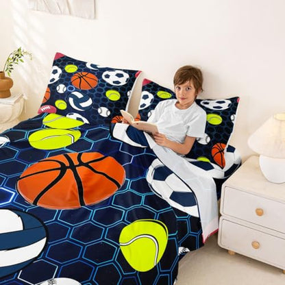 Erosebridal Kids Football Sheets, Soccer Baseball Bed Sheets Set for Boys Girls Teens Juvenile,Basketball Volleyball Softball Sheets Gradient Blue Hexagon Honeycomb Top Sheet,King Size - color: Multi 03, size: King