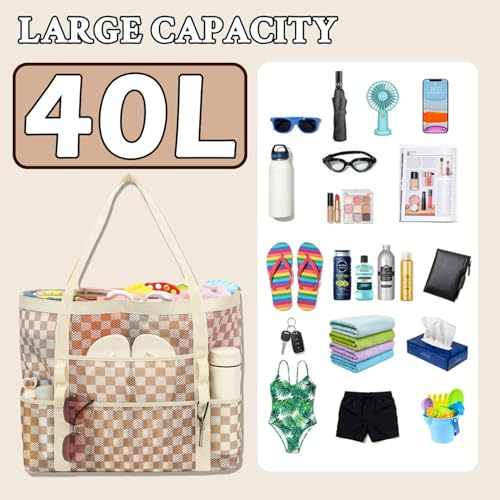 GYEUKHAM Mesh Beach Bag for Women, Sand-Resistant Pool Tote, 9 Pockets (1 Inner Zip), Foldable Family Travel Essentials - color: L-checkered Khaki