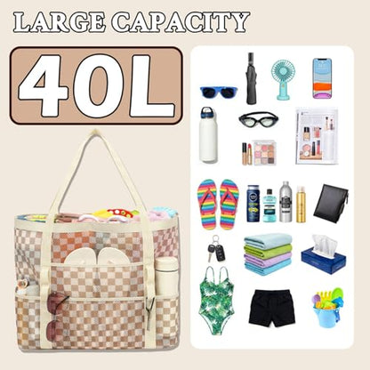 GYEUKHAM Mesh Beach Bag for Women, Sand-Resistant Pool Tote, 9 Pockets (1 Inner Zip), Foldable Family Travel Essentials - color: L-checkered Khaki