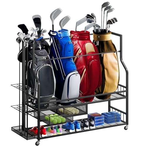 DWVO Golf Bag Organizer for Garage, Golf Storage Organizer w/Wheels for Garage Club and Shed, Golf Bag Storage Rack w/Drawer for Golf Bags, Clubs, Balls and Other Equipment Accessories