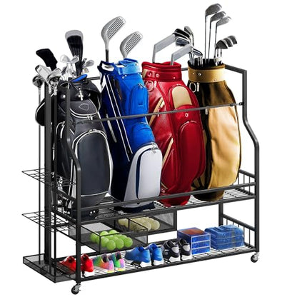 DWVO Golf Bag Organizer for Garage, Golf Storage Organizer w/Wheels for Garage Club and Shed, Golf Bag Storage Rack w/Drawer for Golf Bags, Clubs, Balls and Other Equipment Accessories