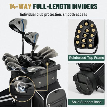 uniHimal Golf Cart Bag with 14-Way Full-Length Dividers, Golf Bag for Men Women with Magnetic Leather Pocket, Handles and Rain Cover, Lightweight Golf Club Bag Includes Cooler Pockets - color: Black