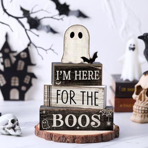 Lineshading 4 Pcs Halloween Table Decoration Wooden Ghost Tiered Tray Decor Rustic Wood Bat Ghost Block Signs Halloween Centerpiece Farmhouse for Home Tabletop Kitchen Shelf and Party Gift - style: Bat Ghost