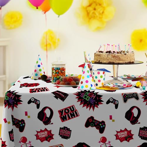 Red Video Game Party Tablecloth Gamer Birthday Party Supplies Level Up Decorations High Score Video Gaming Theme Table Cover for Dining Banquet Fiesta Picnic Anniversary Wedding Party Decorations - size: 157
