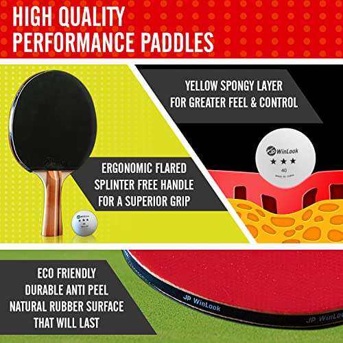 JP WinLook Ping Pong Paddles Sets - Portable Table Tennis Paddle Set with Ping Pong Paddles Professional Case & Ping Pong Balls - Premium Table Tennis Racket Player Set for Indoor & Outdoor Games - style: Red/Black 4 Paddle Set