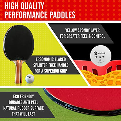 JP WinLook Ping Pong Paddles Sets - Portable Table Tennis Paddle Set with Ping Pong Paddles Professional Case & Ping Pong Balls - Premium Table Tennis Racket Player Set for Indoor & Outdoor Games - style: Red/Black 4 Paddle Set