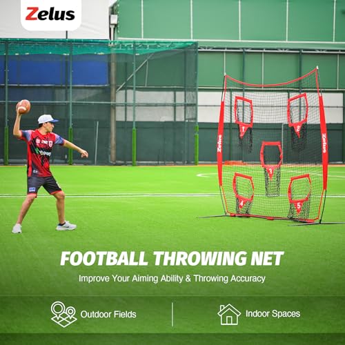 ZELUS Football Throwing Net, Quarterback Training Equipment with 5 Target Pockets, Football Practice Throwing Passing Accuracy Trainer with Carry Bag Ground Stakes for Kids Adults - color: Red, size: 8×8