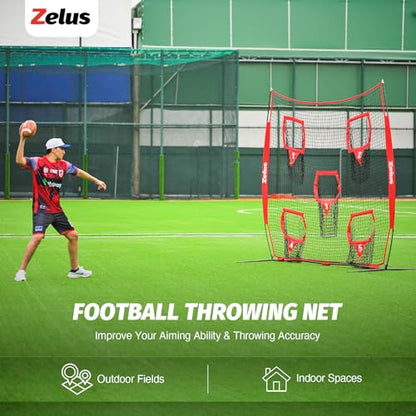 ZELUS Football Throwing Net, Quarterback Training Equipment with 5 Target Pockets, Football Practice Throwing Passing Accuracy Trainer with Carry Bag Ground Stakes for Kids Adults - color: Red, size: 7×7