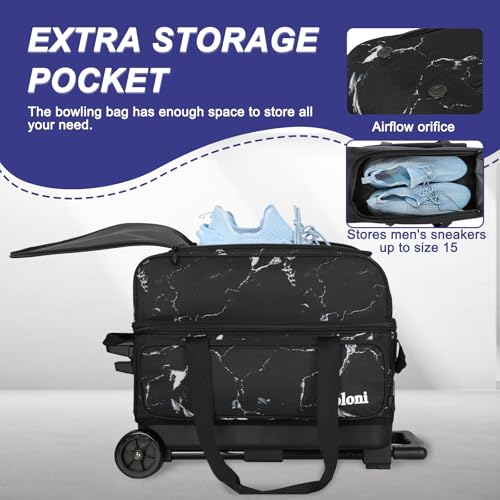 Goloni Double Roller 2 Ball Bowling Bag with Separate Shoe Compartment,2 Ball Bowling Bag with Wheels,Retractable Handle Extends to 40" - color: Marble