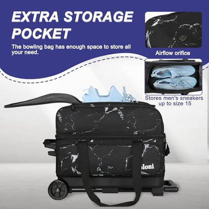 Goloni Double Roller 2 Ball Bowling Bag with Separate Shoe Compartment,2 Ball Bowling Bag with Wheels,Retractable Handle Extends to 40" - color: Marble
