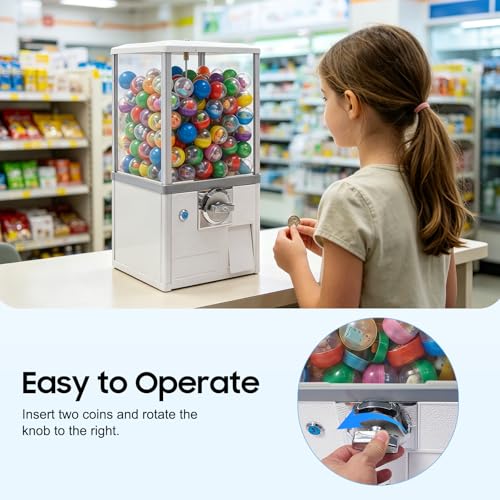 Gumball Machine for Kids, 25-Cent Vending Machines, PS Bouncy Balls Dispenser, 1.77-1.97in Huge Load Capacity Coin Operated Gumball Bank, Hold 200 Capsule Toys for Retail/Game Store (White) - color: White