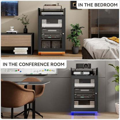 ELECWISH Media Cabinet with Tempered Glass Door, 5-Tier Stereo Cabinet with Adjustable Shelf, Media Stand with LED Light, AV Rack with Cable Management