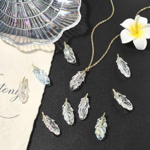 Stiesy 10 Pcs Feather Charms Pendants UV Plating Transparent Acrylic Wings Feathers Charm Bulk for Jewelry Bracelet Making DIY Crafts Necklace - color: Feather-10pcs-5 colors