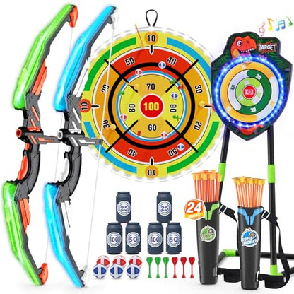HYES 2 Pack Kids Bow and Arrow with 29" Large Dart Board, LED Light Up Archery Set with 24 Suction Cup Arrows, Indoor Outdoor Sport Toys Gifts for 3 4 5 6 7 8 9 10 11 12 Year Old Boys Girls - size: 2 pack-led dartboard target