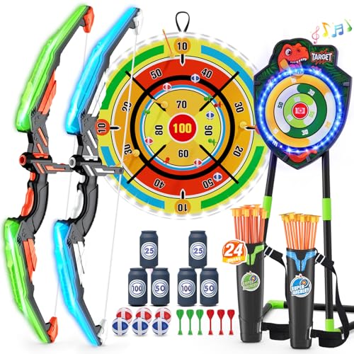 HYES 2 Pack Kids Bow and Arrow with 29" Large Dart Board, LED Light Up Archery Set with 24 Suction Cup Arrows, Indoor Outdoor Sport Toys Gifts for 3 4 5 6 7 8 9 10 11 12 Year Old Boys Girls - size: 2 pack-led dartboard target