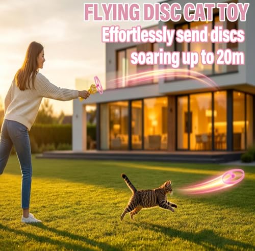 Cat Fetch Toy Auto Launcher 6 Discs 30m Range USB-C Rechargeable | Upgraded automatic disc launcher with 6 premium discs (3 glow). 30m range, USB-C rechargeable. Interactive indoor cat toy.