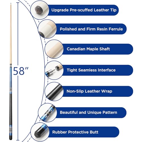 Pool Cue, 58" Pool Cue Sticks for Adults with 13MM Tips Canadian Maple Wood Leather Pattern Grip 18 19 20 21 oz, Professional Billiard Cues Players for Bar House Pool Table Sports 8/9 Ball - style: Blue 20oz