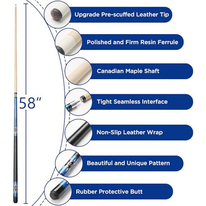 Pool Cue, 58" Pool Cue Sticks for Adults with 13MM Tips Canadian Maple Wood Leather Pattern Grip 18 19 20 21 oz, Professional Billiard Cues Players for Bar House Pool Table Sports 8/9 Ball - style: Blue 20oz