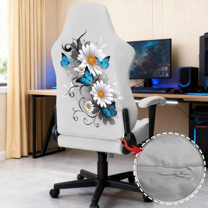 Butterfly Daisy Print Gaming Chair Cover with Armrest Covers Anti-Dust Soft Elastic Computer & Gaming Chair Slipcover Universal Fit Office Desk & Racing Computer Gamer Chairs - color: Grey - Butterfly Daisy
