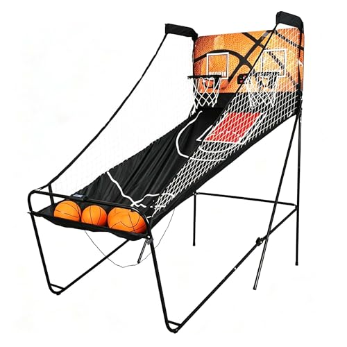 Dual Electronic Basketball Arcade Game, Foldable Indoor Basketball Hoop with Scoring System and 5 Balls