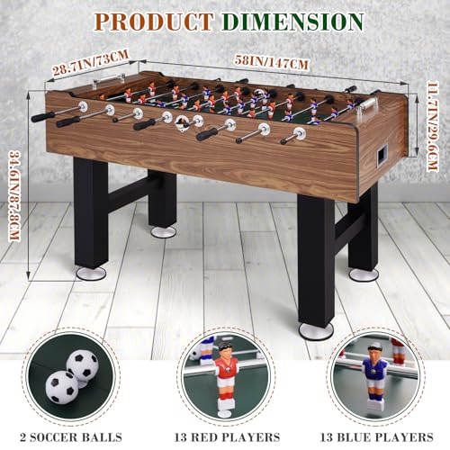58 Inch Large Size Foosball Table Adult Size, Full Size Soccer Game Table w/2 Balls, Leg Levelers & Heavy-Duty Legs, Durable Arcade Football Table for Game Room, Home, Office, Party (Brown)