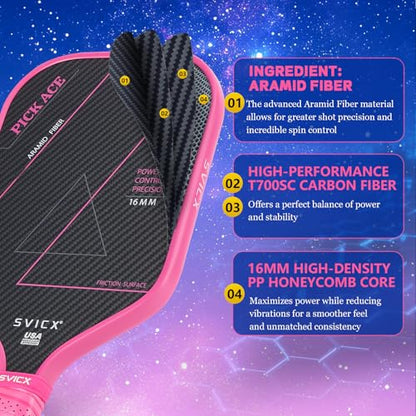 Carbon Fiber Pickleball Paddle 16mm – Professional Pickleball Paddles with Superior Control, Power & Spin – Extended Handle for Two-Handed Grip, USAPA Approved - color: Pink