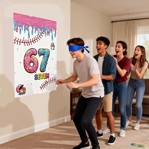 67 Meme Themed Pin the Tail Party Game, Birthday Donut Design with Blindfolds and Stickers, 70x52cm