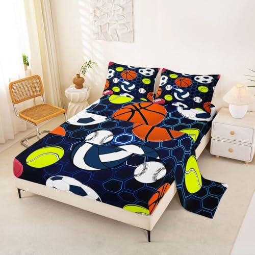 Erosebridal Kids Football Sheets, Soccer Baseball Bed Sheets Set for Boys Girls Teens Juvenile,Basketball Volleyball Softball Sheets Gradient Blue Hexagon Honeycomb Top Sheet,Queen Size - color: Multi 03, size: Queen