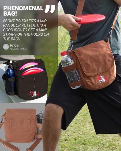 Disc Golf Bag | Frisbee Golf Bag | Easy to Carry | Lightweight Fits Up to 10 Discs | 16 oz Waxed Canvas Sturdy Design | Belt Loop | Double Button Design | Bottle Holder - style: Waxed Canvas - Brown