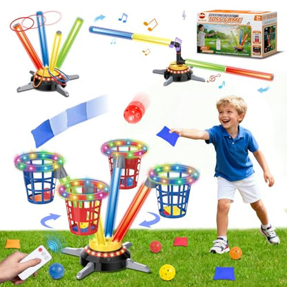 VATOS 3 in 1 Bean Bag & Ring Toss Game, Musical Jumping for Kids, Electric Spinning Base with Remote, Lights, 12 Sandbags, 12 Tossing Rings, 12 Balls, Indoor Outdoor Backyard Sport Toy for Boy Girl 3+