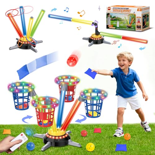 VATOS 3 in 1 Bean Bag & Ring Toss Game, Musical Jumping for Kids, Electric Spinning Base with Remote, Lights, 12 Sandbags, 12 Tossing Rings, 12 Balls, Indoor Outdoor Backyard Sport Toy for Boy Girl 3+