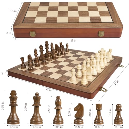 17" Magnetic Wooden Chess Set for Adults Kids, Chess Board Games with Magnetic Pieces & Extra Queens, Folding Portable Travel Large Unique Chess Sets for Tournament Professional Beginner - size: 17 Inches