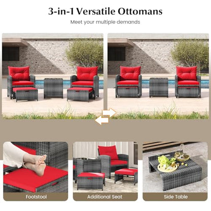 Tangkula 5 Pieces Patio Conversation Set, PE Wicker Rattan Outdoor Furniture Set with 2 Chairs, 2 Ottomans & Tempered Glass Coffee Table, Ideal for Poolside, Backyard, Lawn, Deck, Mix Grey & Red - color: Mix Grey & Red