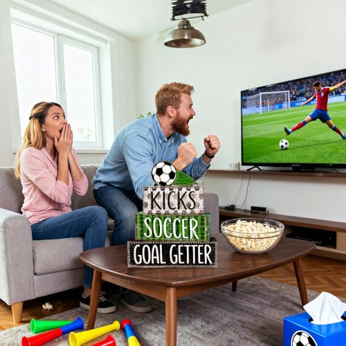 DIYDEC 4Pcs World Cup Tabletop Decorations Soccer Wooden Block Signs Gift RusticSoccer Goal Tiered Tray Decor World Cup Table Centerpiece for Home Office Tabletop Fireplace Party Decor - style: Soccer