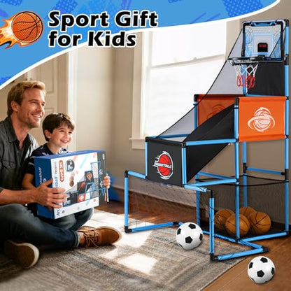 2 in 1 Basketball Arcade Game & Soccer Goal for Kids, Adjustable Kid Basketball Hoop with 6 Balls and Pump, Indoor Outdoor Games for Kid Toys for 3-12 Year Old Kids Birthday Gifts for Boys Girls