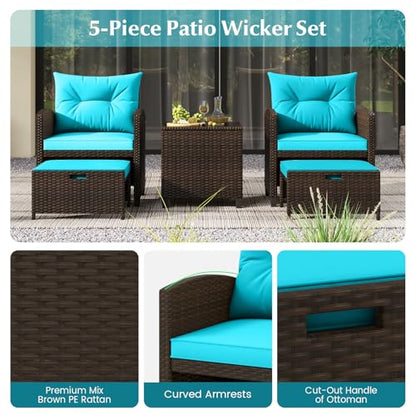 Tangkula 5 Pieces Patio Conversation Set, PE Wicker Outdoor Furniture Set with 2 Chairs, 2 Ottomans & Tempered Glass Coffee Table, Ideal for Poolside, Backyard, Lawn, Deck, Mix Brown & Turquoise - color: Mix Brown & Turquoise