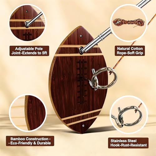 Ring and Hook Toss Game - 13-Inch Bamboo Rugby Ball Design, Rope & Hook Included, Indoor & Outdoor Use, Ideal for Men's Lounge Decoration/Party Entertainment/Family Gathering Toy