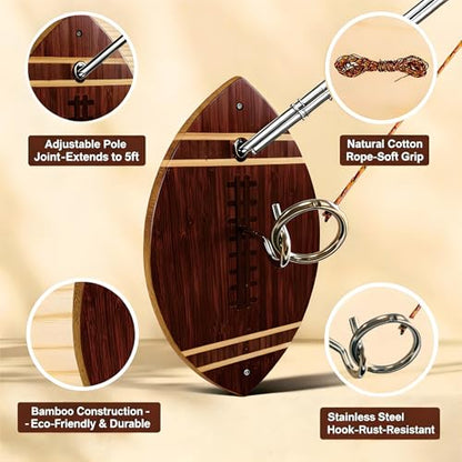 Ring and Hook Toss Game - 13-Inch Bamboo Rugby Ball Design, Rope & Hook Included, Indoor & Outdoor Use, Ideal for Men's Lounge Decoration/Party Entertainment/Family Gathering Toy