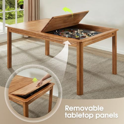 Board Game Table with Removable Table Top, Seats 4 to 6 Players with 57in x 33in Play Area, Includes Play Mat, Detachable Cup Holders and Dice Trays, Minimal Assembly Required - color: Honey Oak