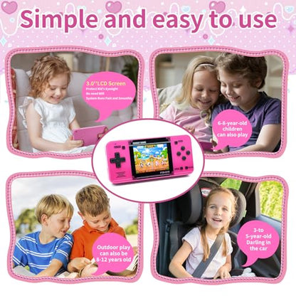 Handheld Game for Kids -Preloaded 220 Retro Video Games, Portable Gaming Player with Rechargeable Battery 3.0" LCD Screen, Mini Arcade Electronic Toy Gifts for Boys Girls (Red) - style: Pink