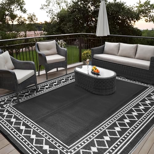 GarveeHome Waterproof Plastic Straw Outdoor Rug 9x18 Patio Reversible UV Resistant Foldable Camping Carpet Modern Border Large Outdoor Rugs for Deck, Picnic, Porch, Camper, Balcony, Beach, Black - color: Black & White, size: 9' x 18' (Rectangular)