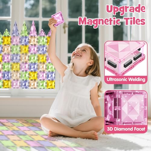 Magnetic Tiles for Kids Ages 4-8, Magnetic Blocks Travel Set with Diamond Surface & Metal Storage Box, 60PCS STEM Learning Toys, Educational Building Gifts for 3-8 Year Olds - style: Medium Magnetic Tiles - 60PCS