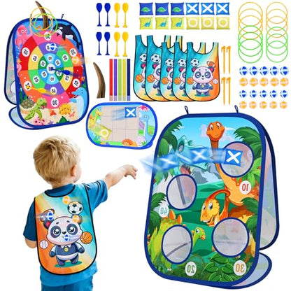 AOSITE Toddler Bean Bag Toss Game for Kids 3-8, 7-in-1 Outdoor Cornhole Board Set with Ring Toss, Sticky Balls Darts, Backyard Lawn Party Games, Birthday for Boys Girls with Storage Bag
