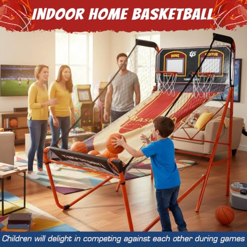 Basketball Arcade Game Machine LED Electronic Scoring Indoor Arcade Basketball Hoop with 5 Size 7 Inch Balls for 2 Players Home Play Kids Adults