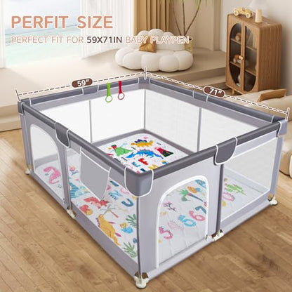 Baby Play Mat - Thicken 71x59 Inch Soft Foam Crawling Mat for Playpen & Floor, Non-Slip Waterproof Playmats for Infants & Toddlers, Portable Foldable & Machine Washable, Dinosaur & Letters - size: 71" X 59"