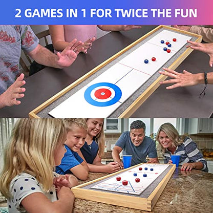 GSE Games & Sports Expert 2-in-1 Solid Wood Shuffleboard and Curling Tabletop Game Board Set with 8 Rollers for Family and Friends